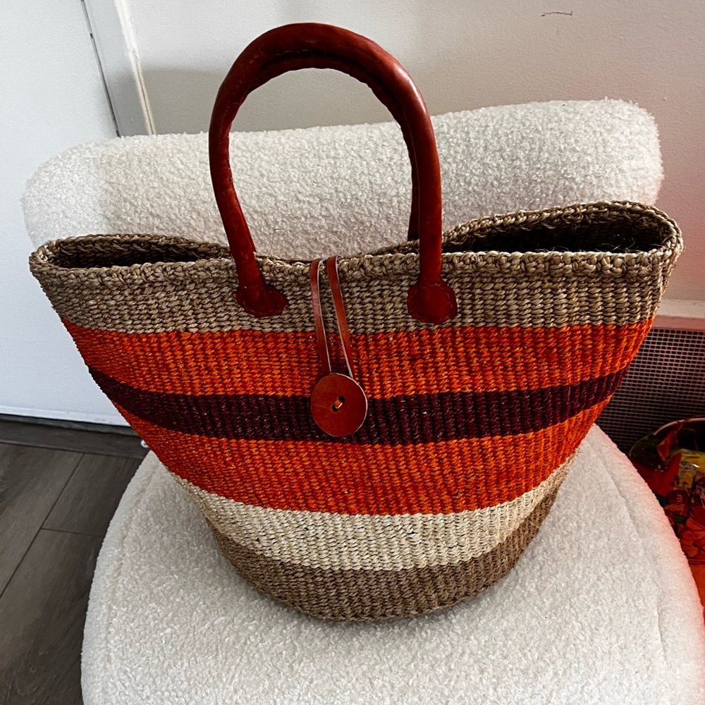 African Striped Woven Tote Bag - Orange, Brown, Cream